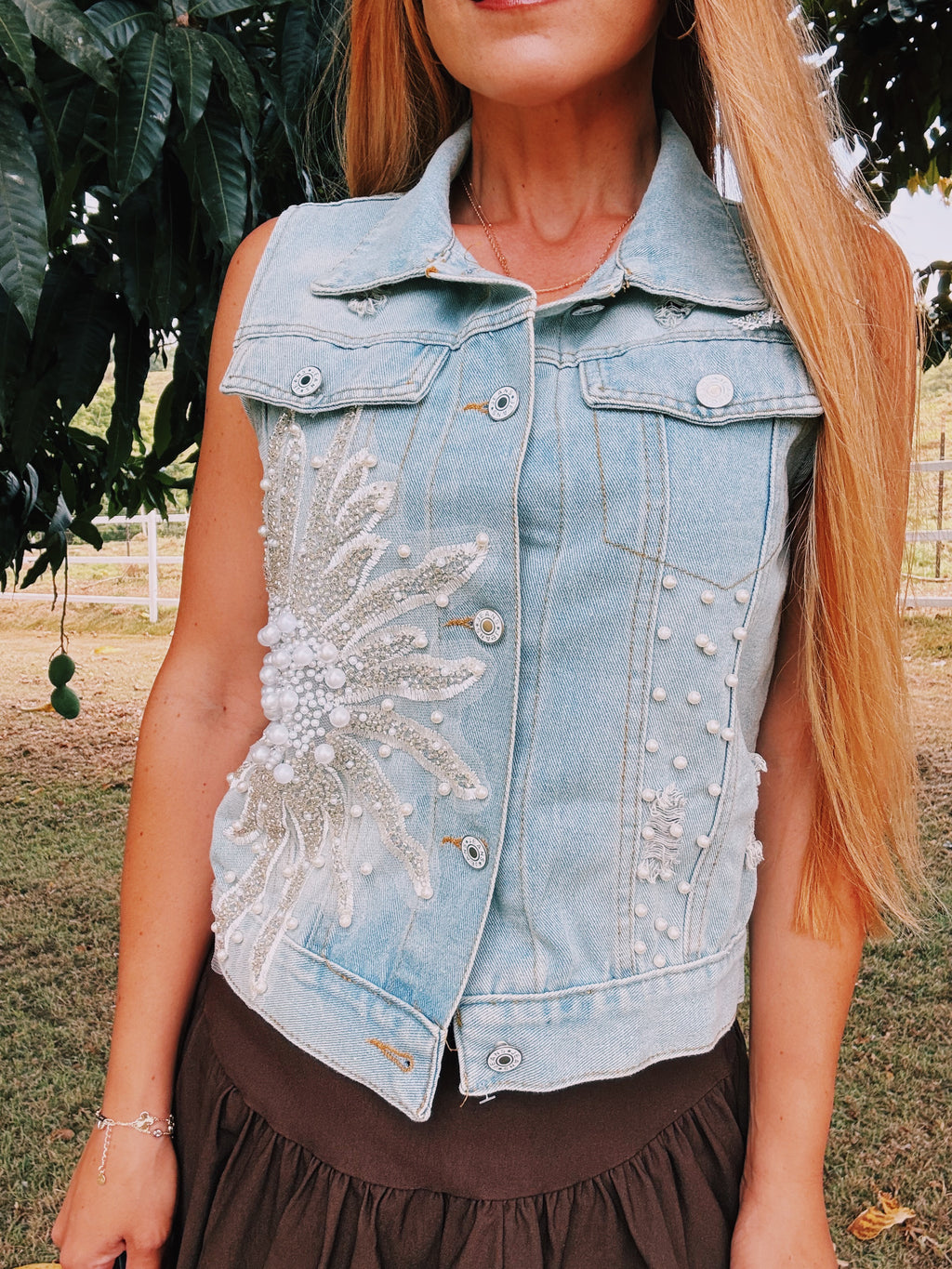 Pearl Embellished Denim Vest