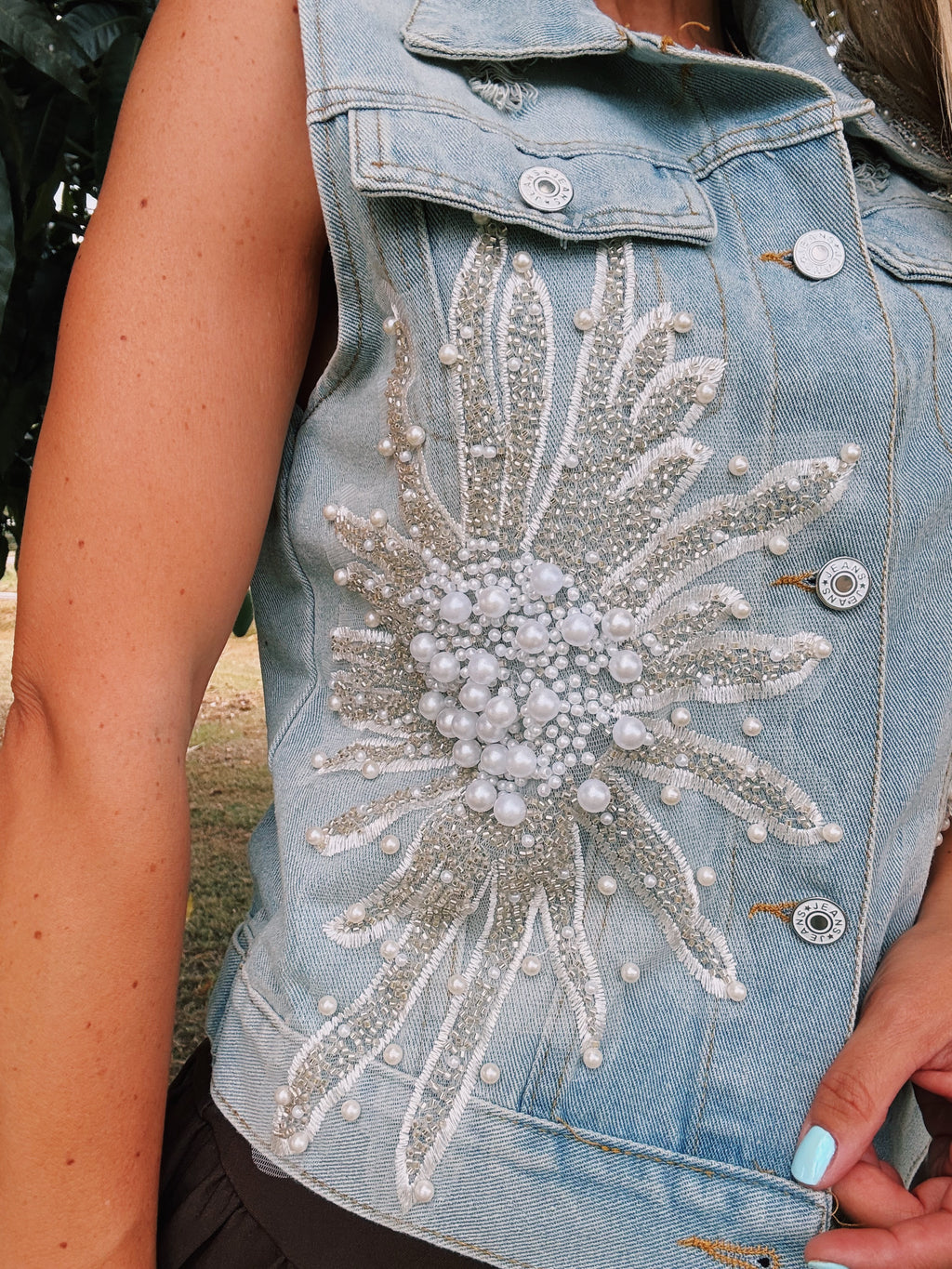 Pearl Embellished Denim Vest