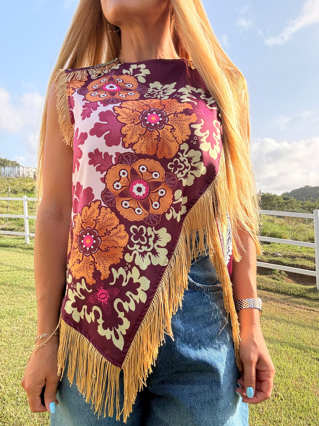 Ofelia Floral Satin-Look Fringe Top
