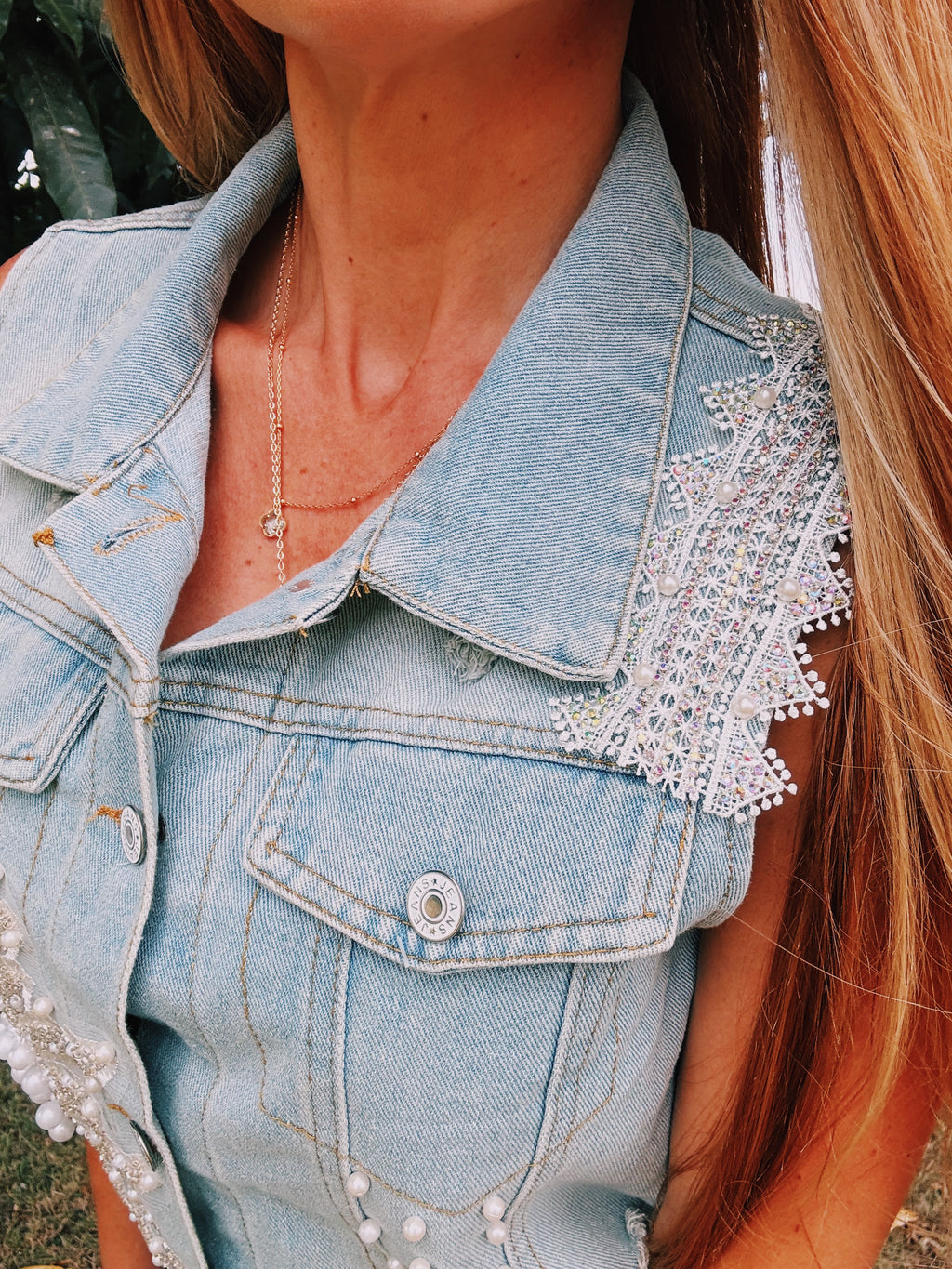 Pearl Embellished Denim Vest