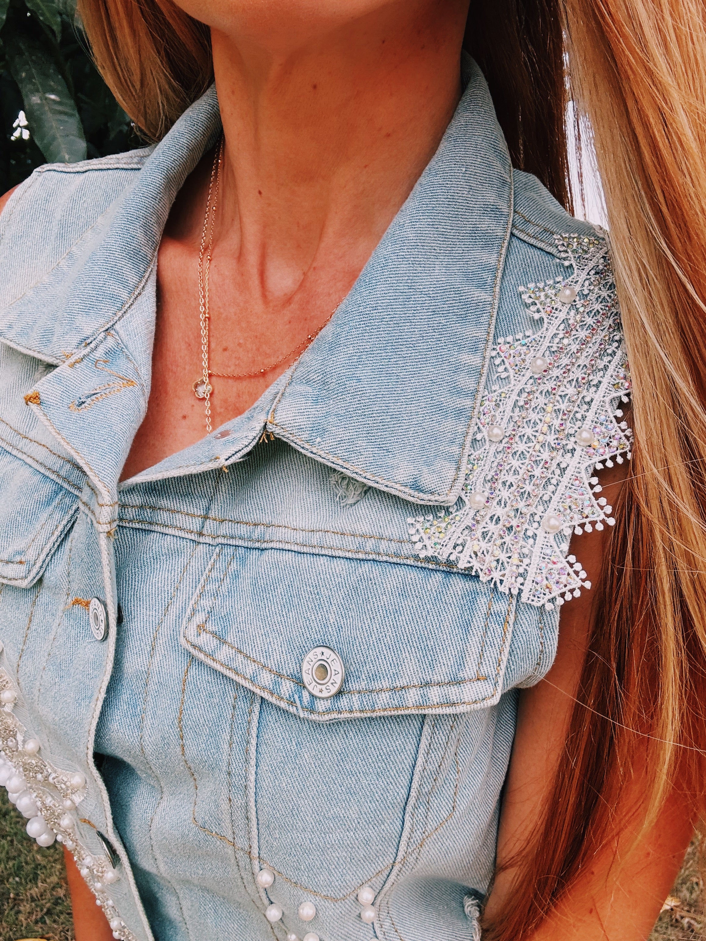 Pearl Embellished Denim Vest