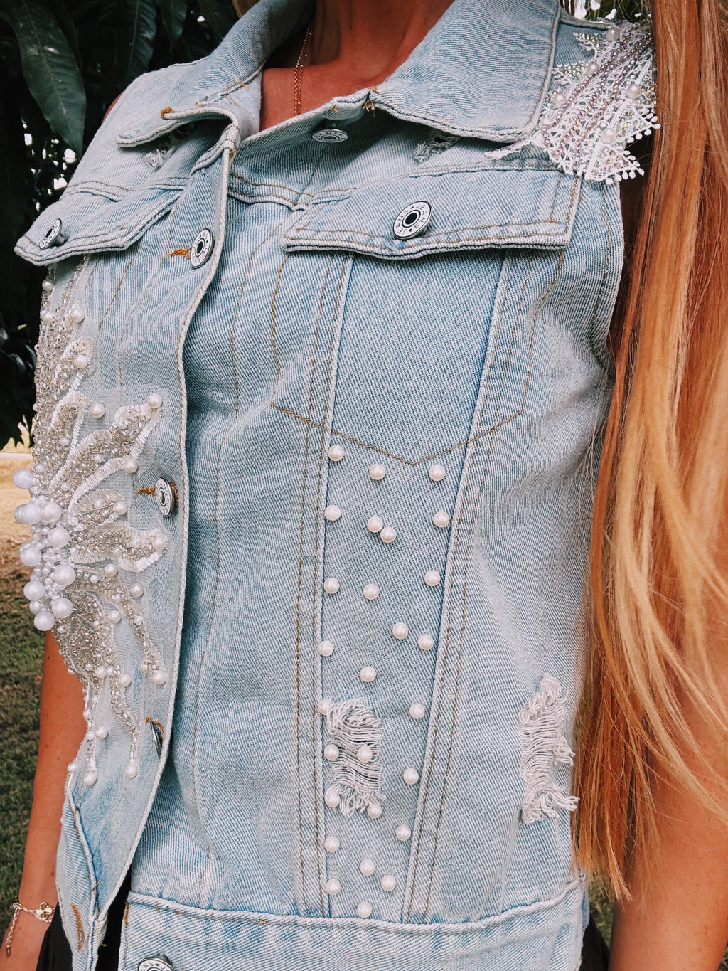 Pearl Embellished Denim Vest