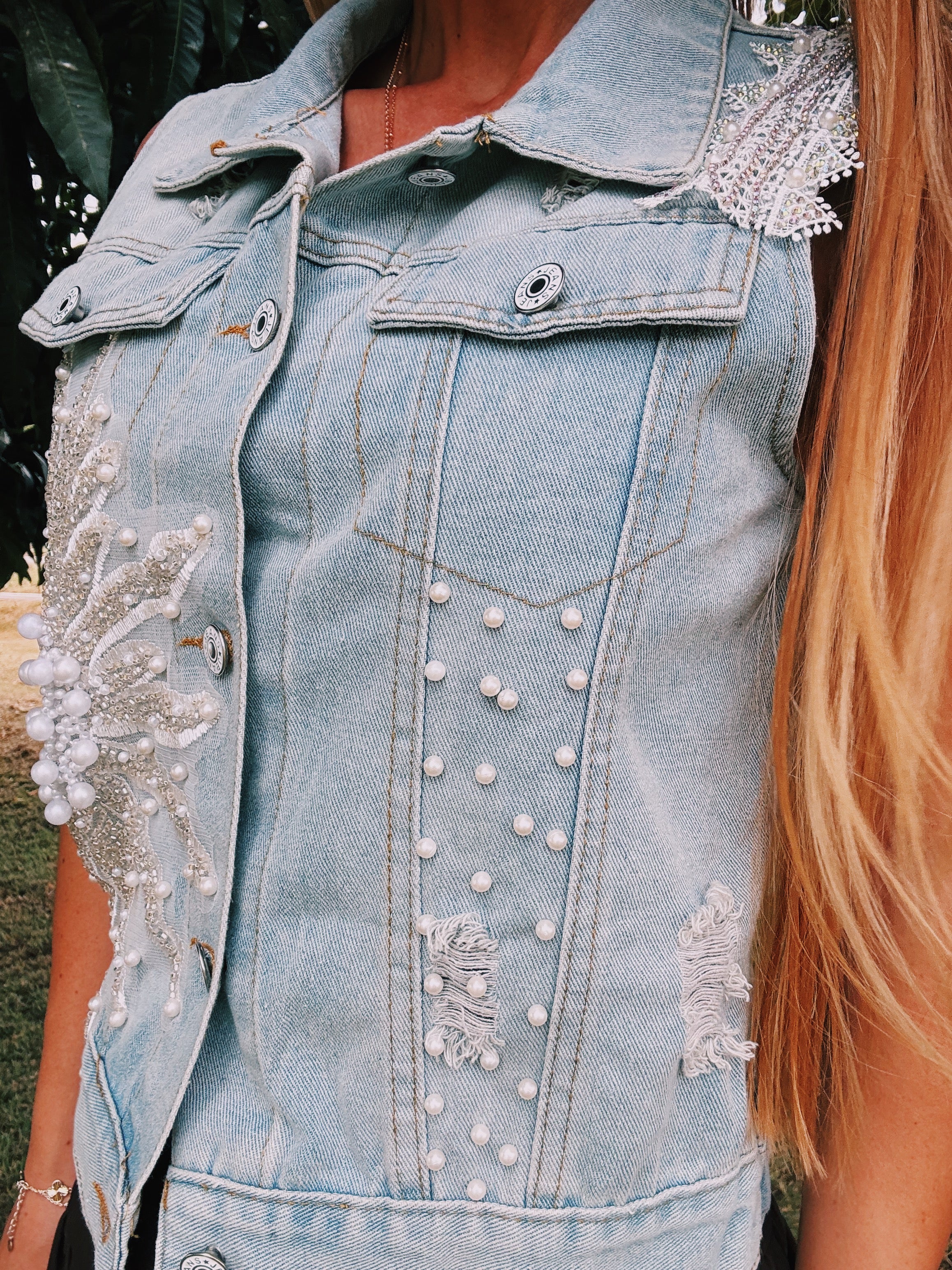 Pearl Embellished Denim Vest